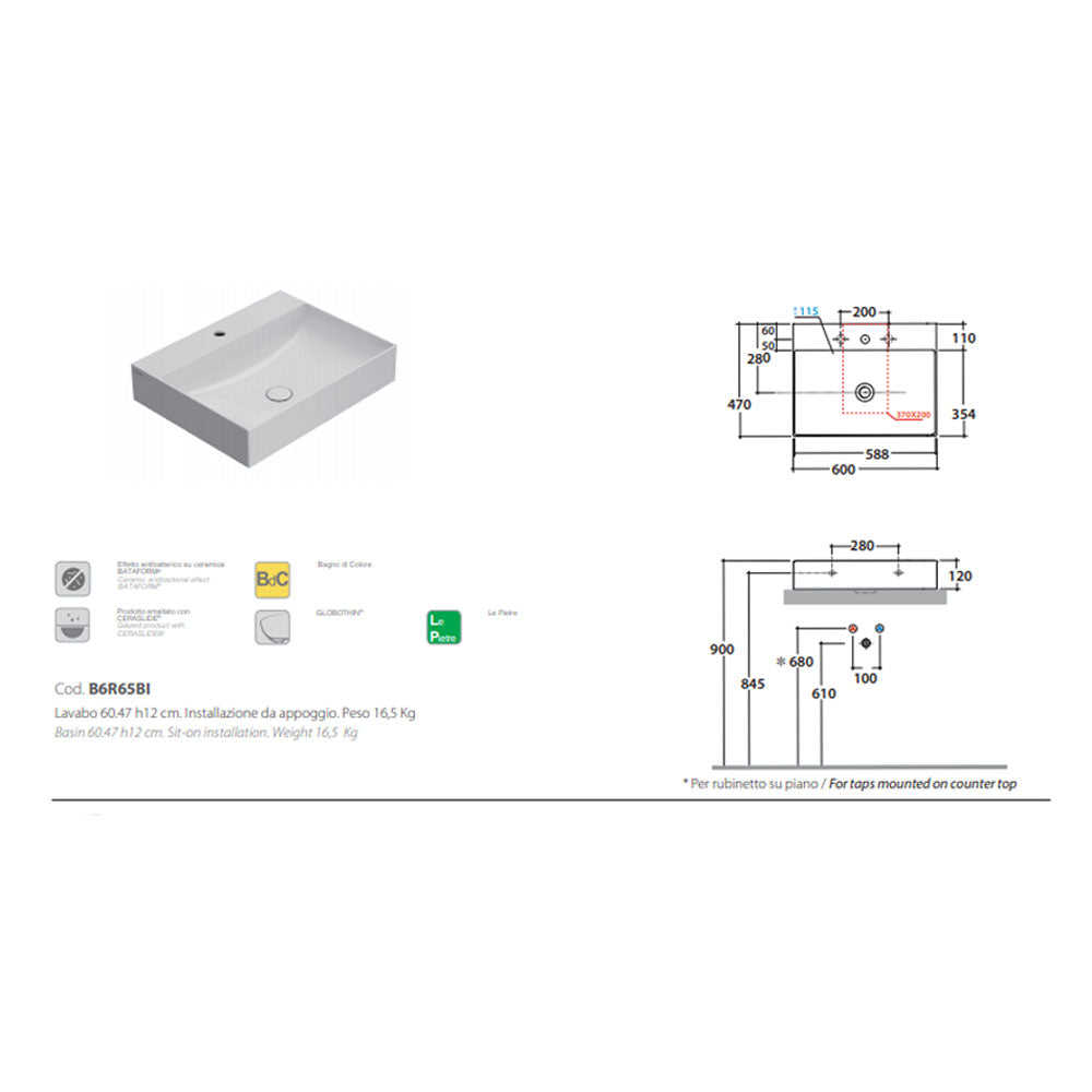  Lavabo da appoggio o sospeso T-Edge ceramica bianca lucida 60x47 peso 16