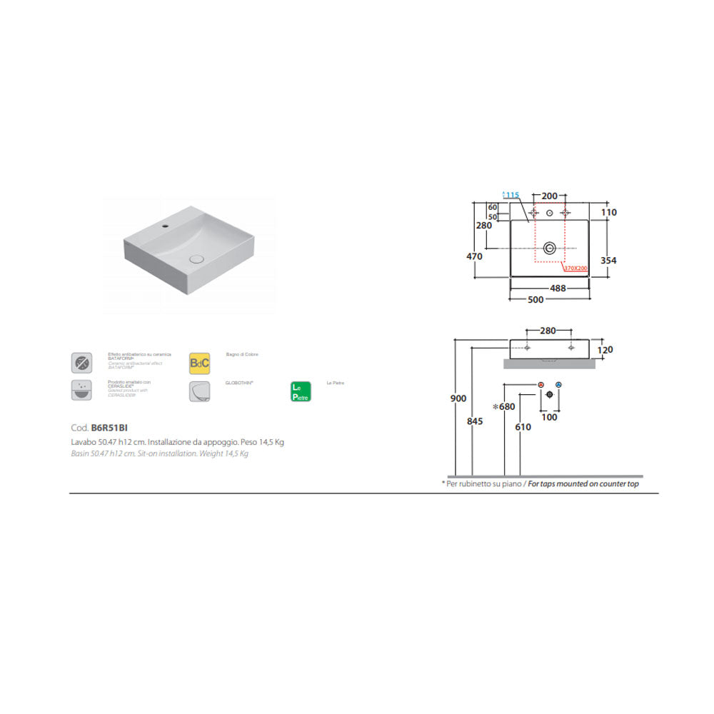  Lavabo da appoggio o sospeso T-Edge ceramica bianca lucida 50x47 peso 13 Kg