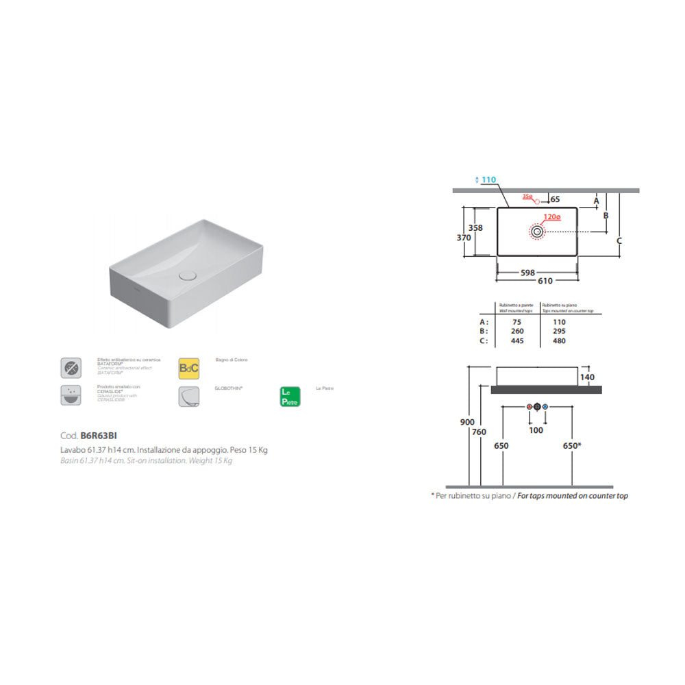  Lavabo da appoggio T-Edge ceramica bianca lucida 61x37 peso 15 kg