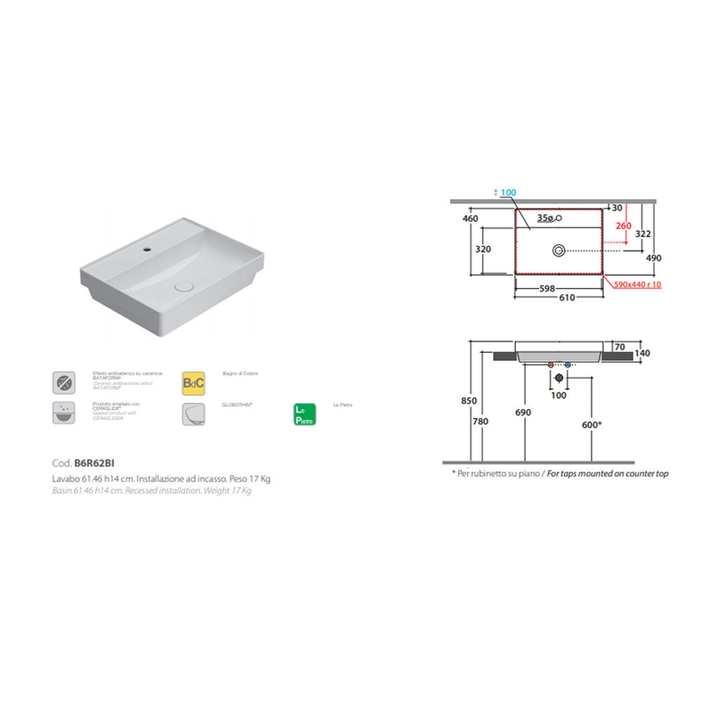  Lavabo ad incasso T-Edge ceramica bianca lucida 61x46 peso 17 kg by CeramicStore | Lo specialista del tuo bagno