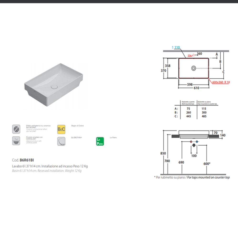 Lavabo ad incasso T-Edge ceramica bianca lucida 61x37 peso 12 kg by CeramicStore | Lo specialista del tuo bagno