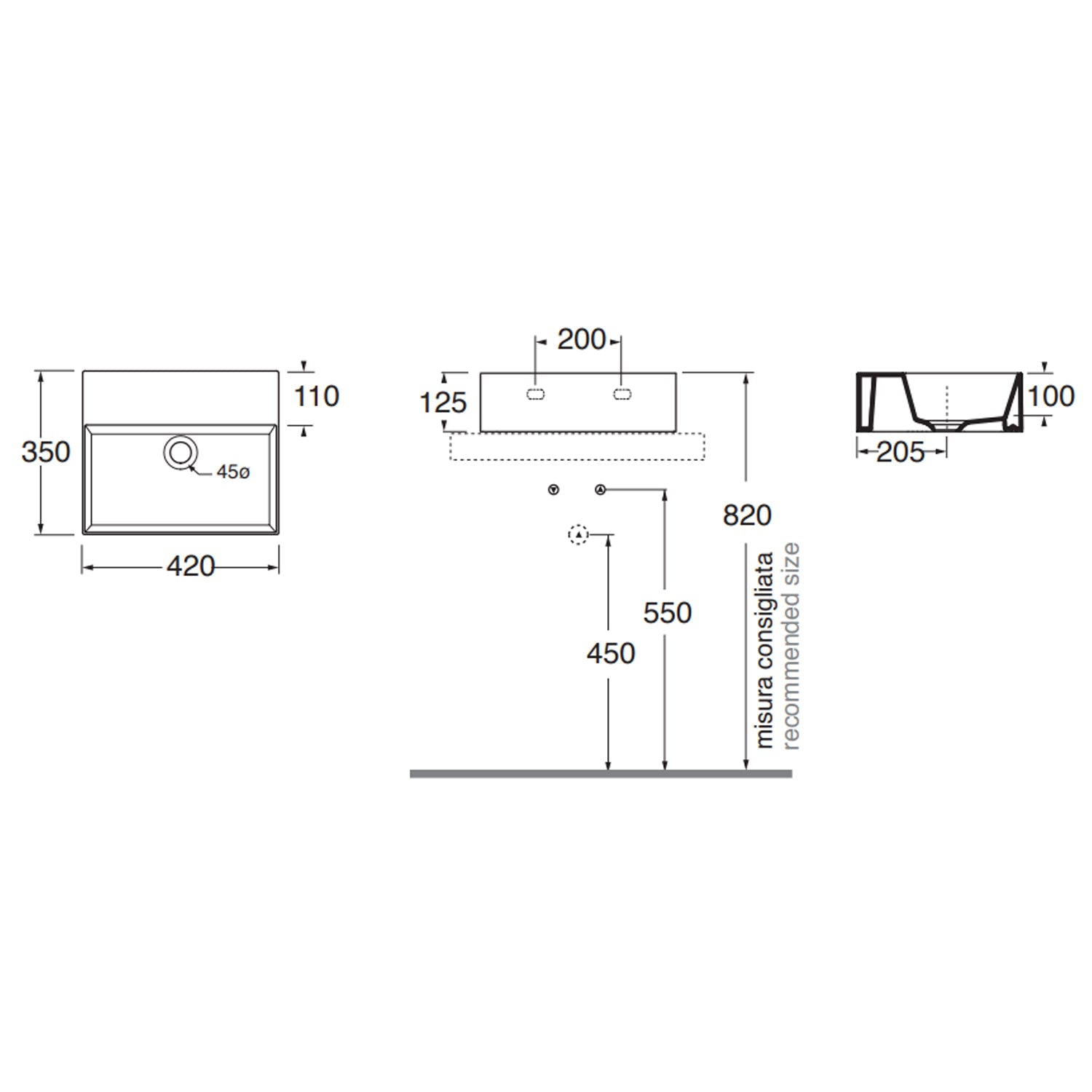  Lavabo da appoggio squadrato Ceramica Azzurra Elegance 42x35 cm senza foro rubinetteria - Bianco lucido