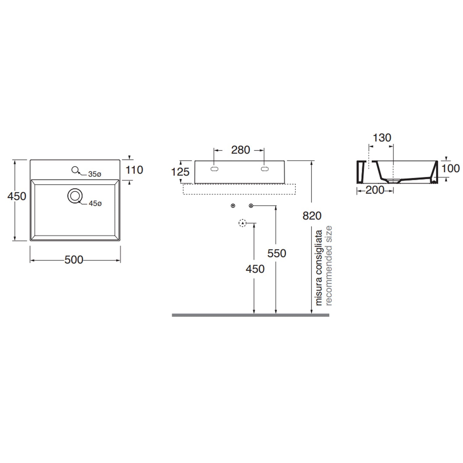  Lavabo appoggio/sospeso Azzurra serie Elegance Squared 50x45 cm - Bianco lucido