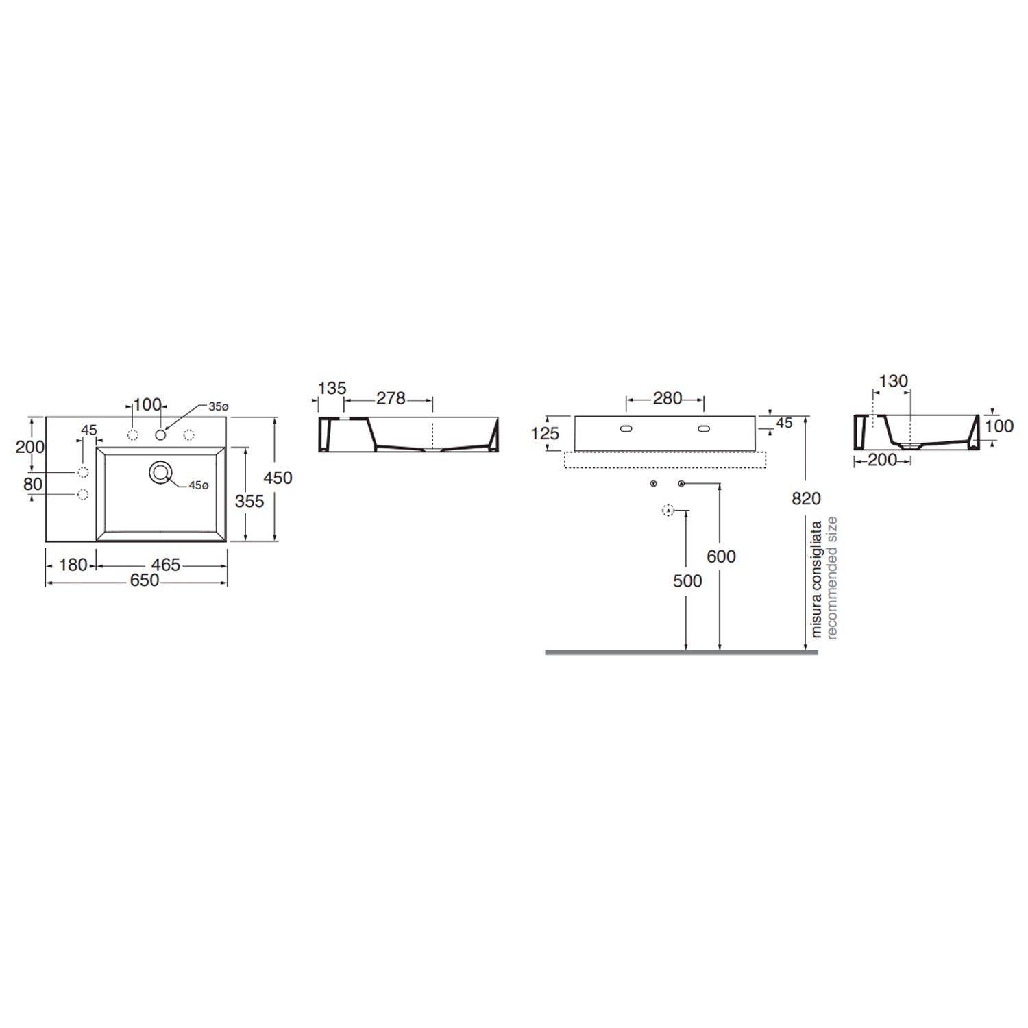  Lavabo da appoggio/sospeso squadrato di Ceramica Azzurra serie Elegance 65x45 cm con piano a sinistra e foro rubinetteria