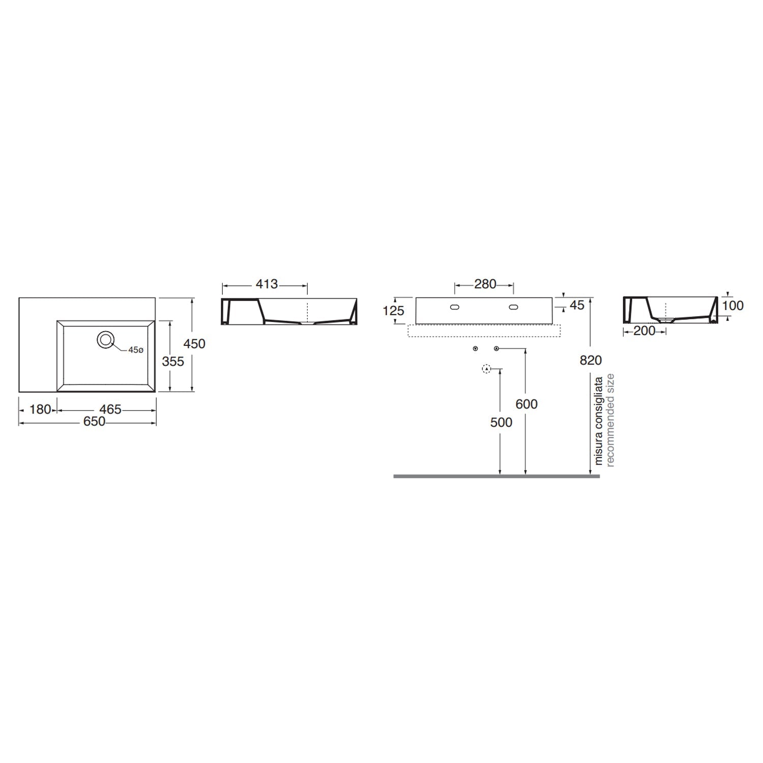 Lavabo da appoggio/sospeso squadrato di Ceramica Azzurra serie Elegance 65x45 cm con piano a sinistra