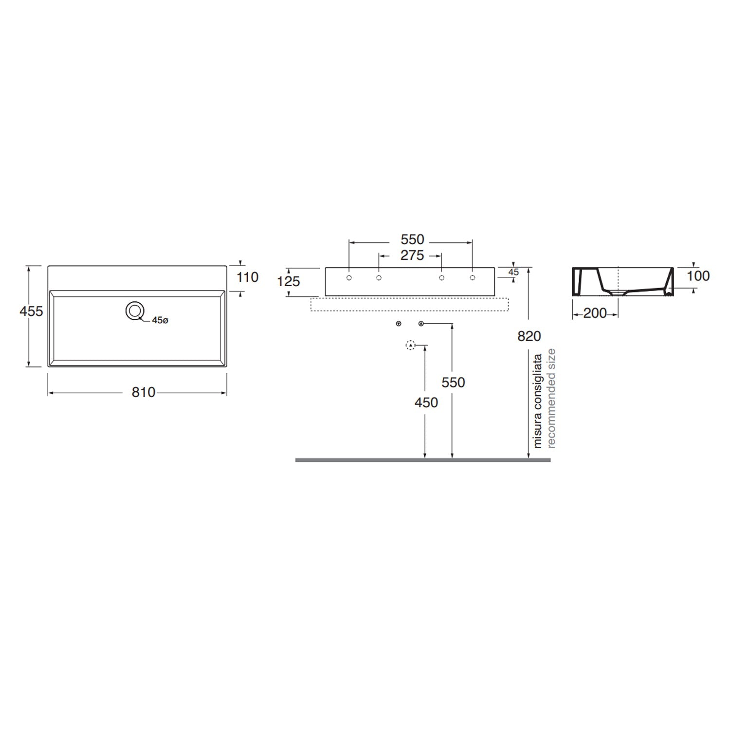  Lavabo da appoggio/sospeso squadrato Ceramica Azzurra Elegance 81x45 cm senza foro rubinetteria - Bianco lucido