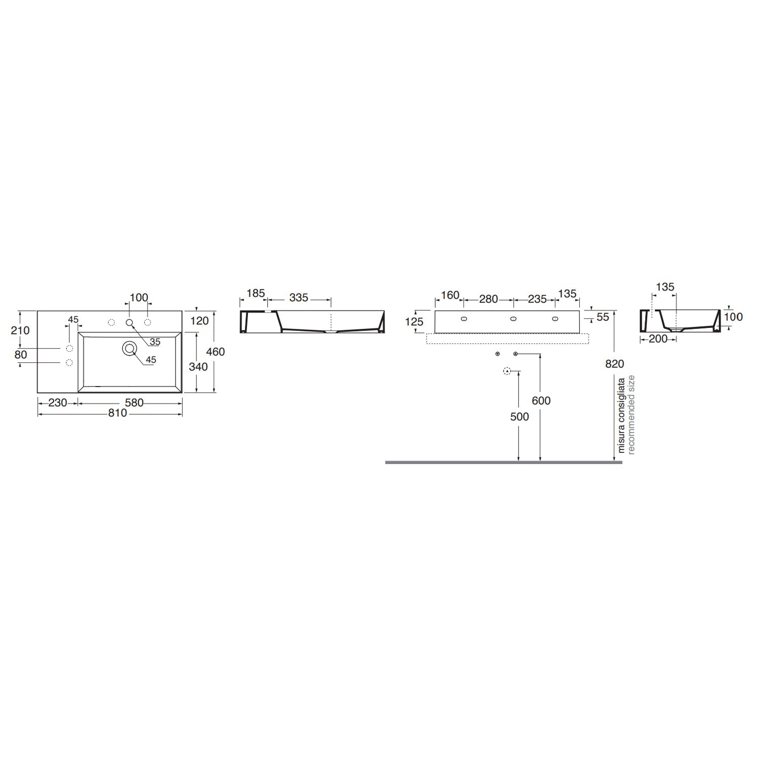  Lavabo da appoggio/sospeso squadrato di Ceramica Azzurra serie Elegance 81x46 cm con piano a sinistra e foro rubinetteria