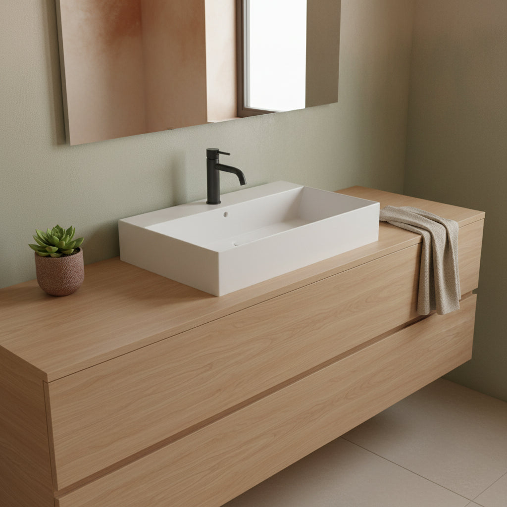 Lavabo da appoggio/sospeso squadrato di Ceramica Azzurra serie Elegance 81x46 cm con piano a destra e foro rubinetteria