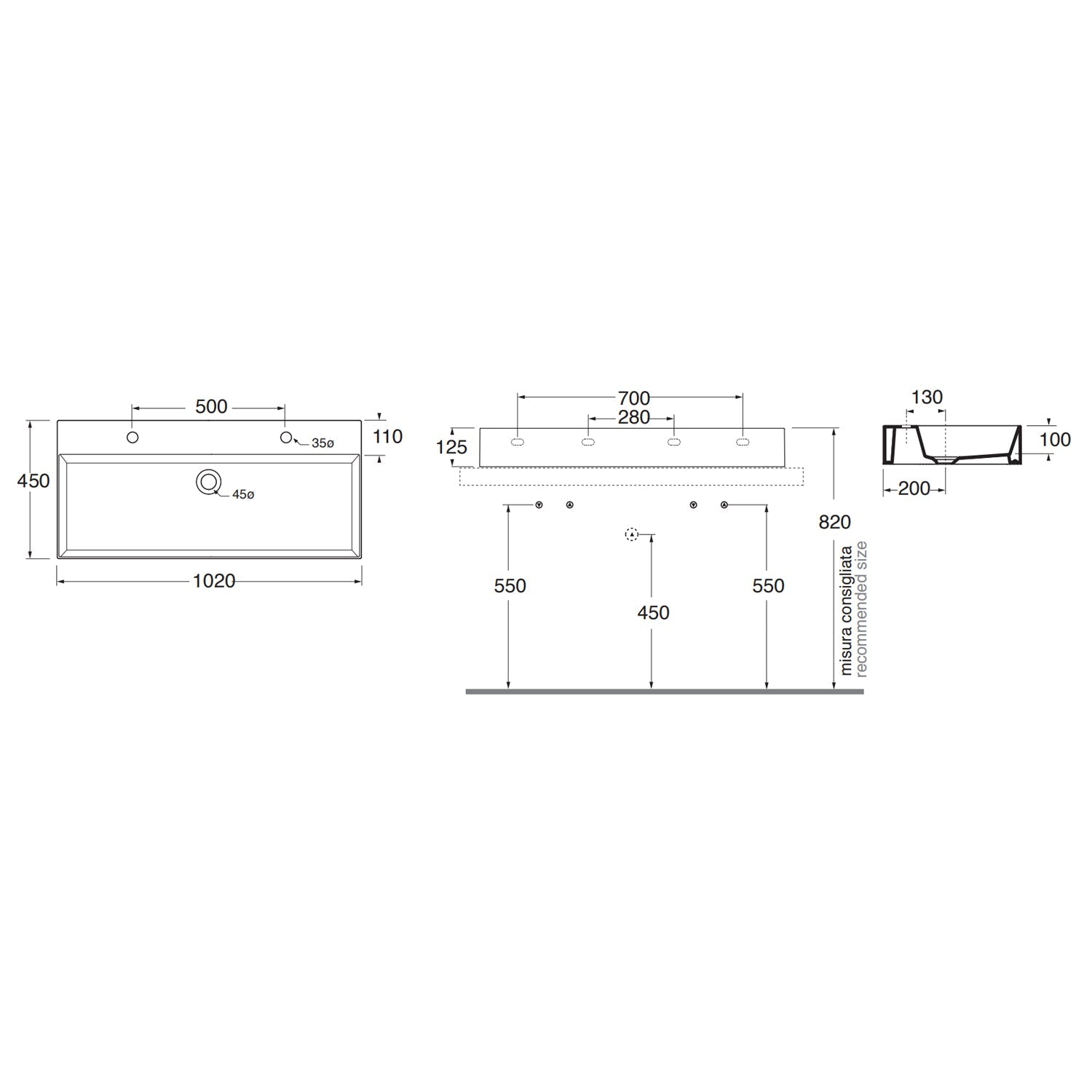  Lavabo da appoggio/sospeso squadrato Ceramica Azzurra Elegance 102x45 cm con doppio foro rubinetteria