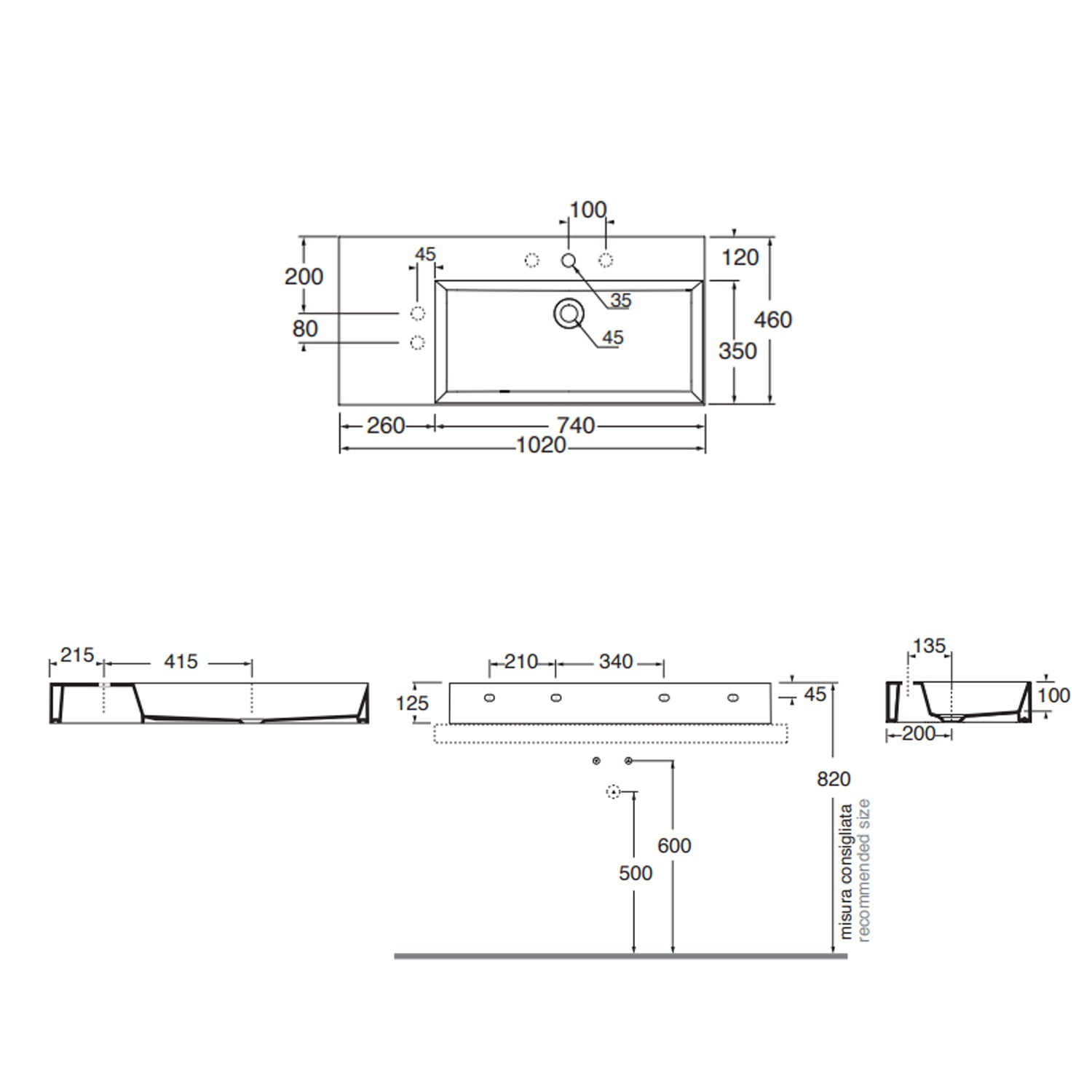  Lavabo da appoggio/sospeso squadrato di Ceramica Azzurra serie Elegance 102x46 cm con piano a sinistra e foro rubinetteria