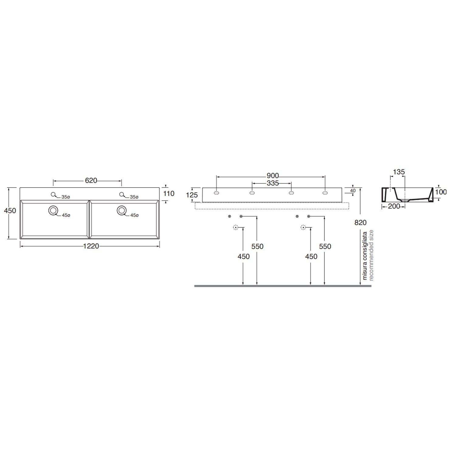  Lavabo da appoggio/sospeso squadrato con doppia vasca Ceramica Azzurra Elegance 122x45 cm con fori rubinetteria