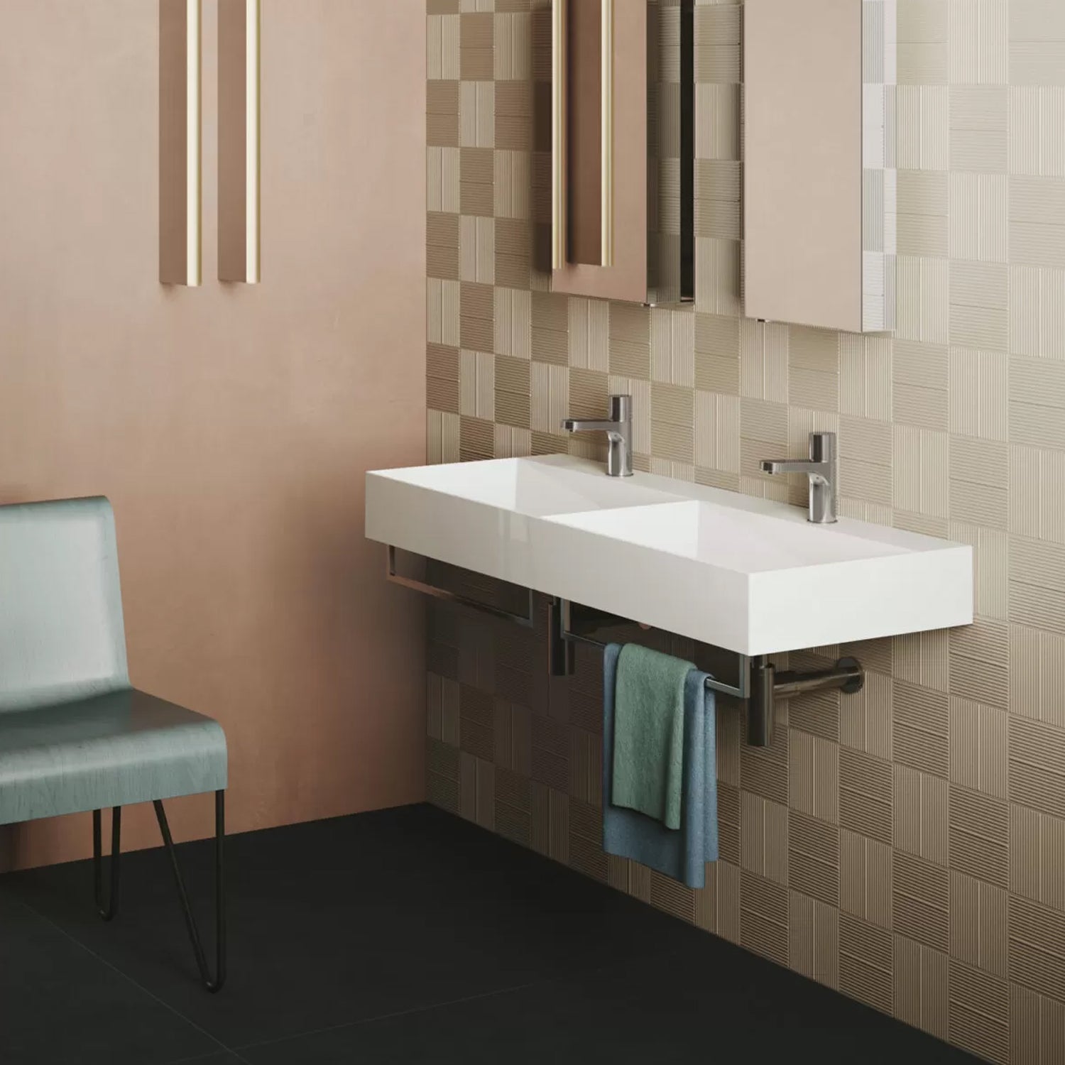  Lavabo da appoggio/sospeso squadrato con doppia vasca Ceramica Azzurra Elegance 122x45 cm con fori rubinetteria
