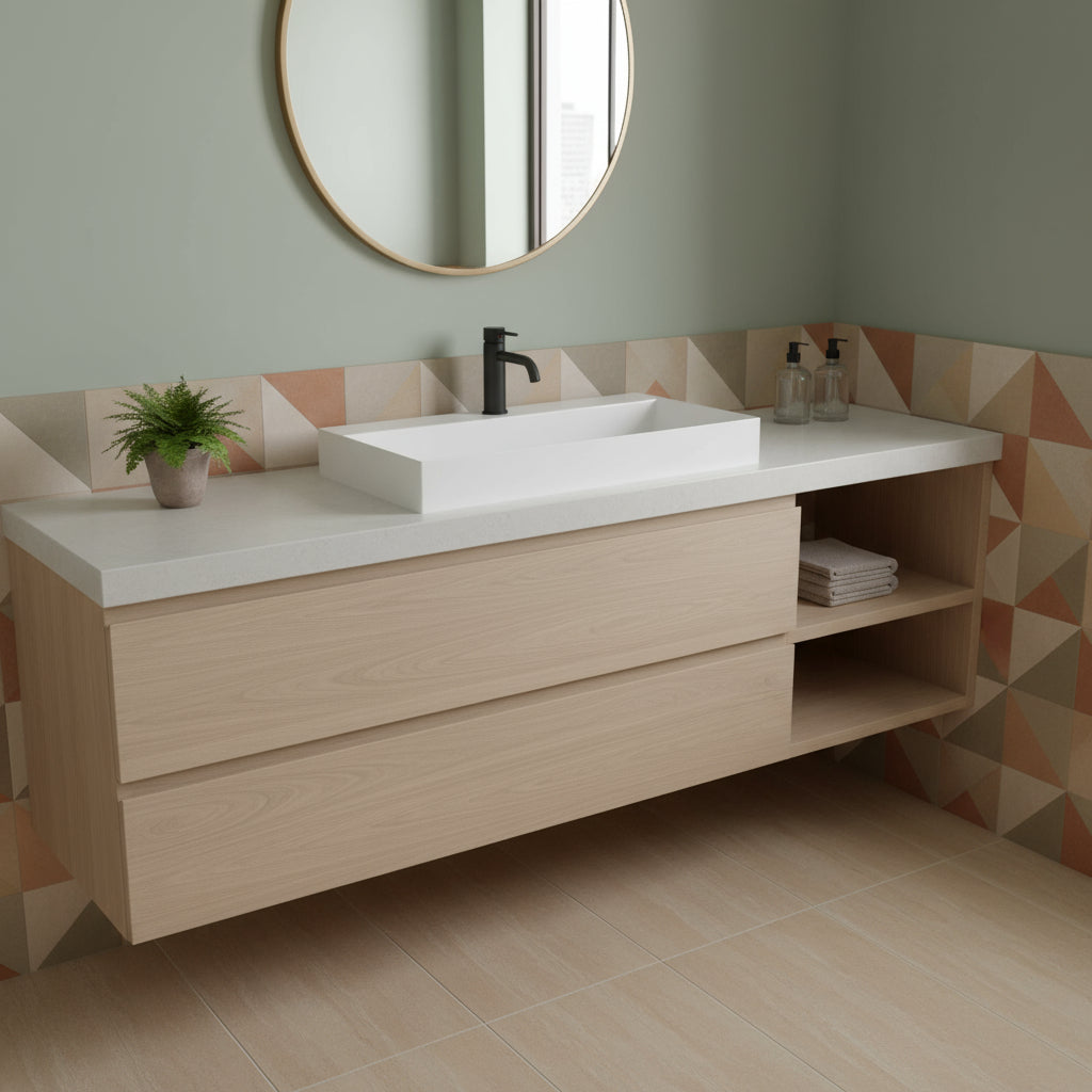 Lavabo da appoggio/sospeso squadrato di Ceramica Azzurra serie Elegance 122x46 cm con piano a destra e foro rubinetteria