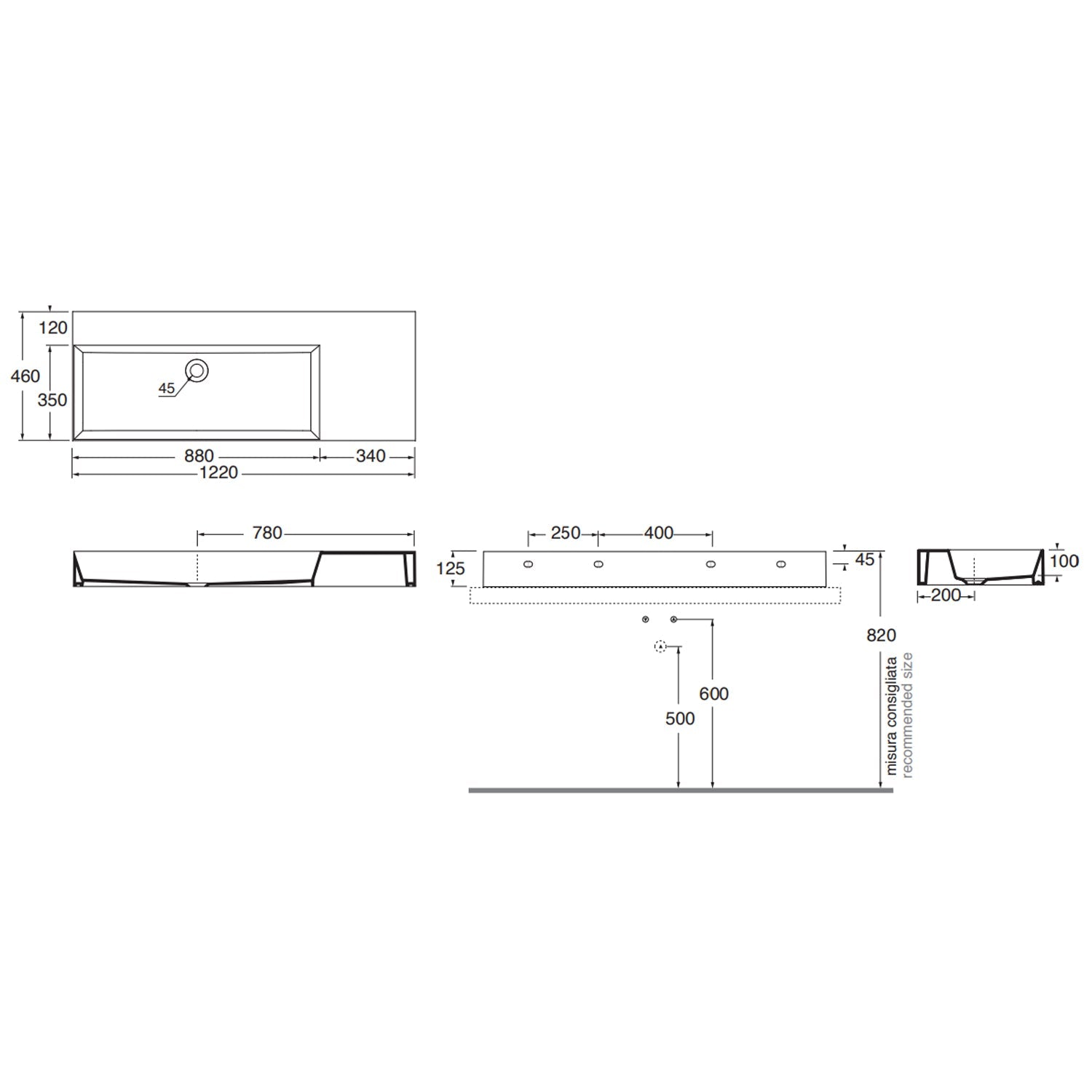  Lavabo da appoggio/sospeso squadrato di Ceramica Azzurra serie Elegance 122x46 cm con piano a destra