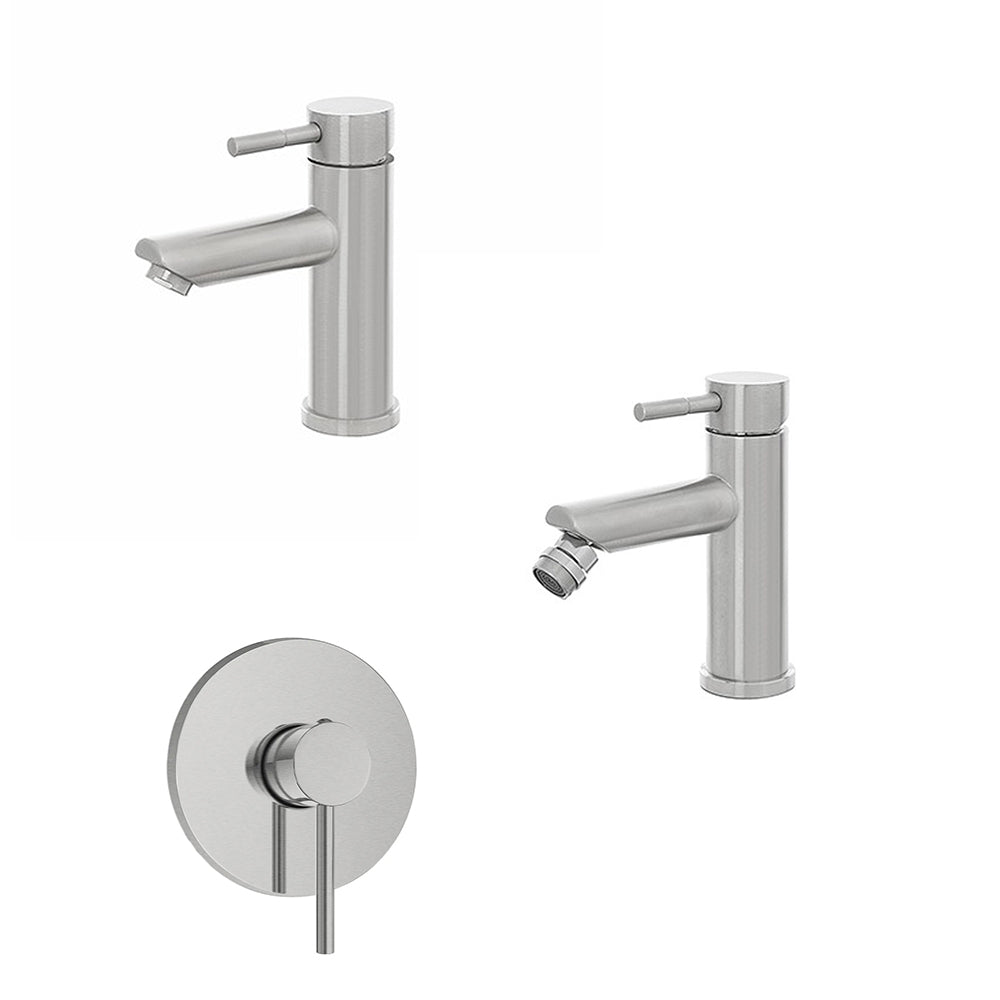 Kit miscelatore lavabo + bidet + doccia a una via RubiFlux serie Paris Modello Gris con piletta clic-clac Acciaio Inox - Spazzolato