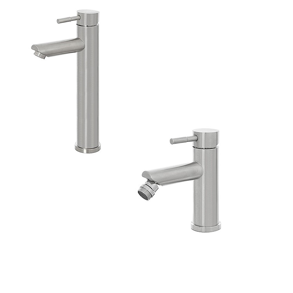 Kit miscelatore lavabo alto + bidet  RubiFlux serie Paris Modello Gris in acciaio inox, con piletta clic-clac - Spazzolato