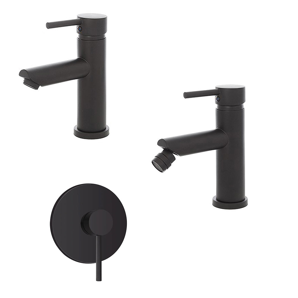 Kit miscelatore lavabo + bidet + doccia a una via RubiFlux serie Paris Modello Noir con piletta clic-clac - Nero Opaco