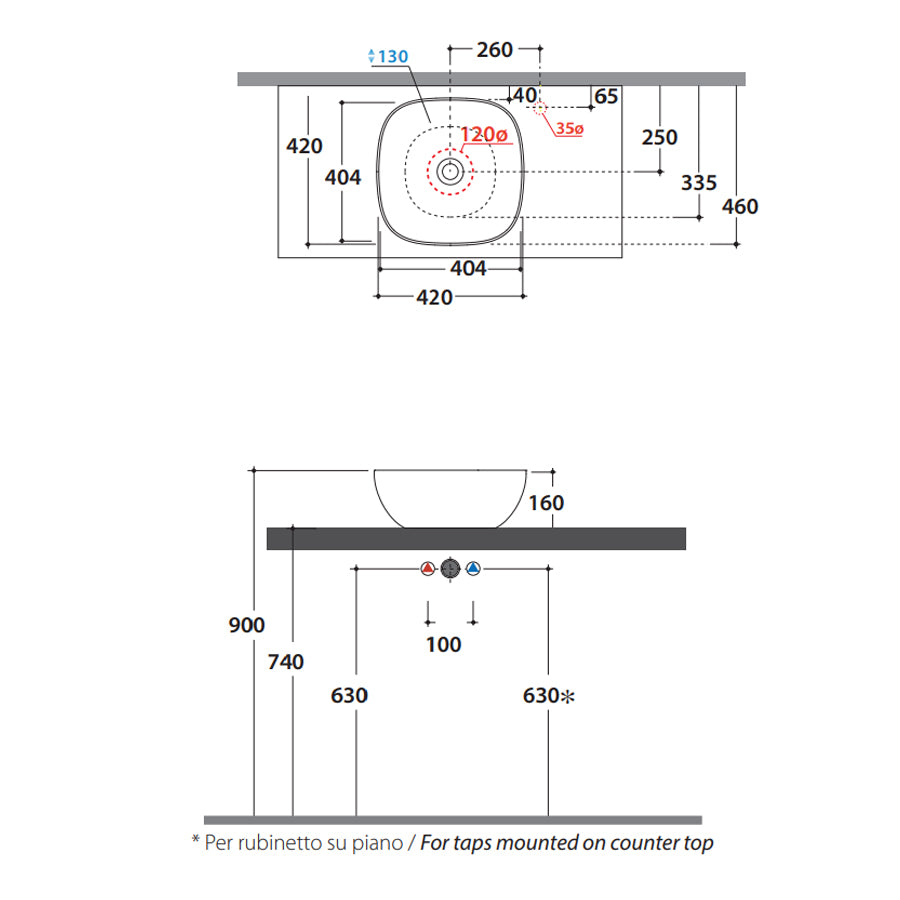 Lavabo quadrato con angoli tondi cm 42x42x16h. Installazione da appoggio. In ceramica bianca 