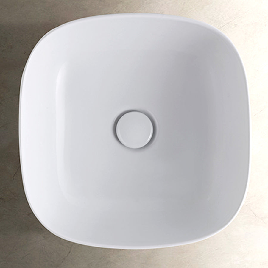  Lavabo quadrato con angoli tondi cm 42x42x16h. Installazione da appoggio. In ceramica bianca 