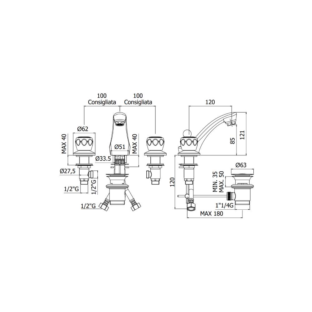  Batteria Lavabo 3 Fori serie Danubio modello DA053CR Cromo Paffoni by CeramicStore | Lo specialista del tuo bagno