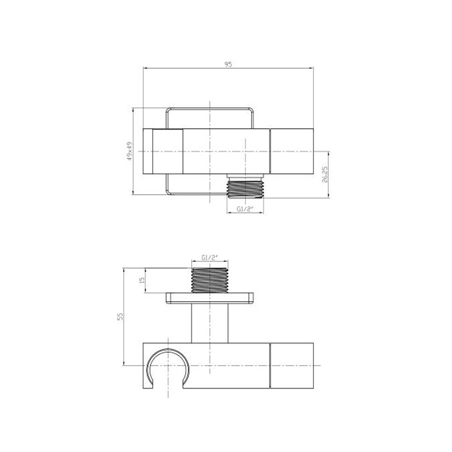 Presa acqua quadrata con supporto doccia e arresto RubiFlux - Cromo 2