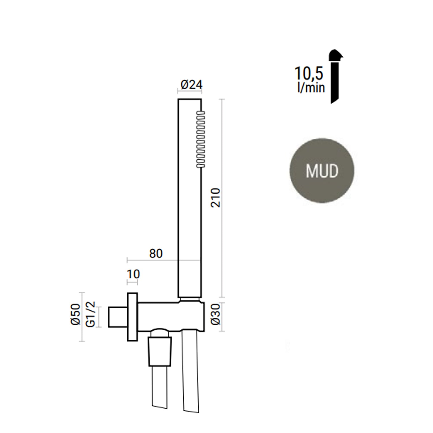 Kit doccia rotondo in ottone RubiFlux Roller con supporto e flessibile 150 cm - Grigio Fango