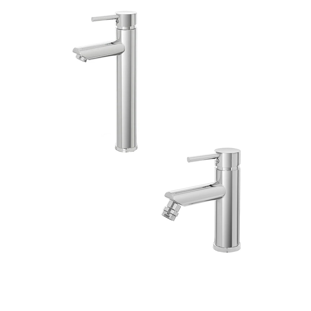 Kit miscelatore lavabo alto + bidet  RubiFlux serie Paris Modello Brillant in acciaio inox, con piletta clic-clac - Cromato