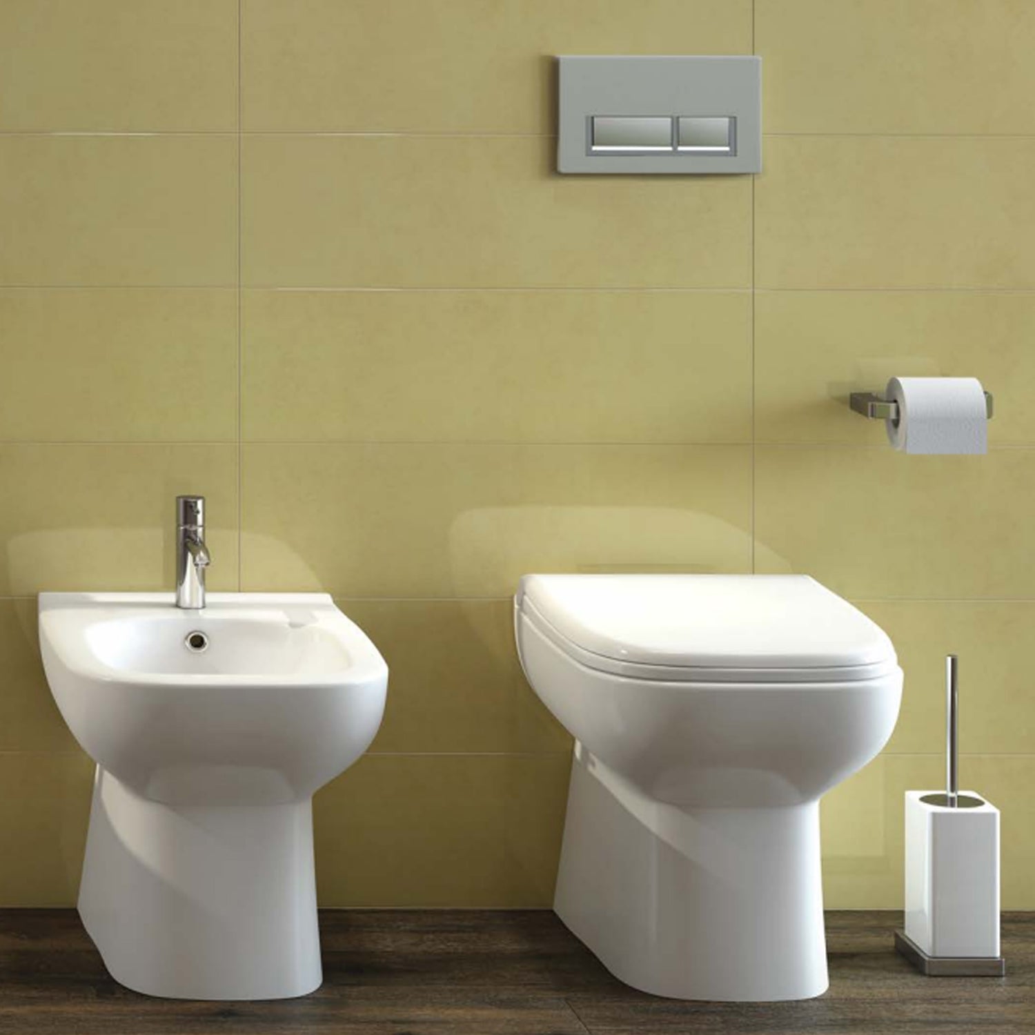 Coppia sanitari filomuro collezione Origin 50x36 cm scarico traslato con copriwater SoftClose