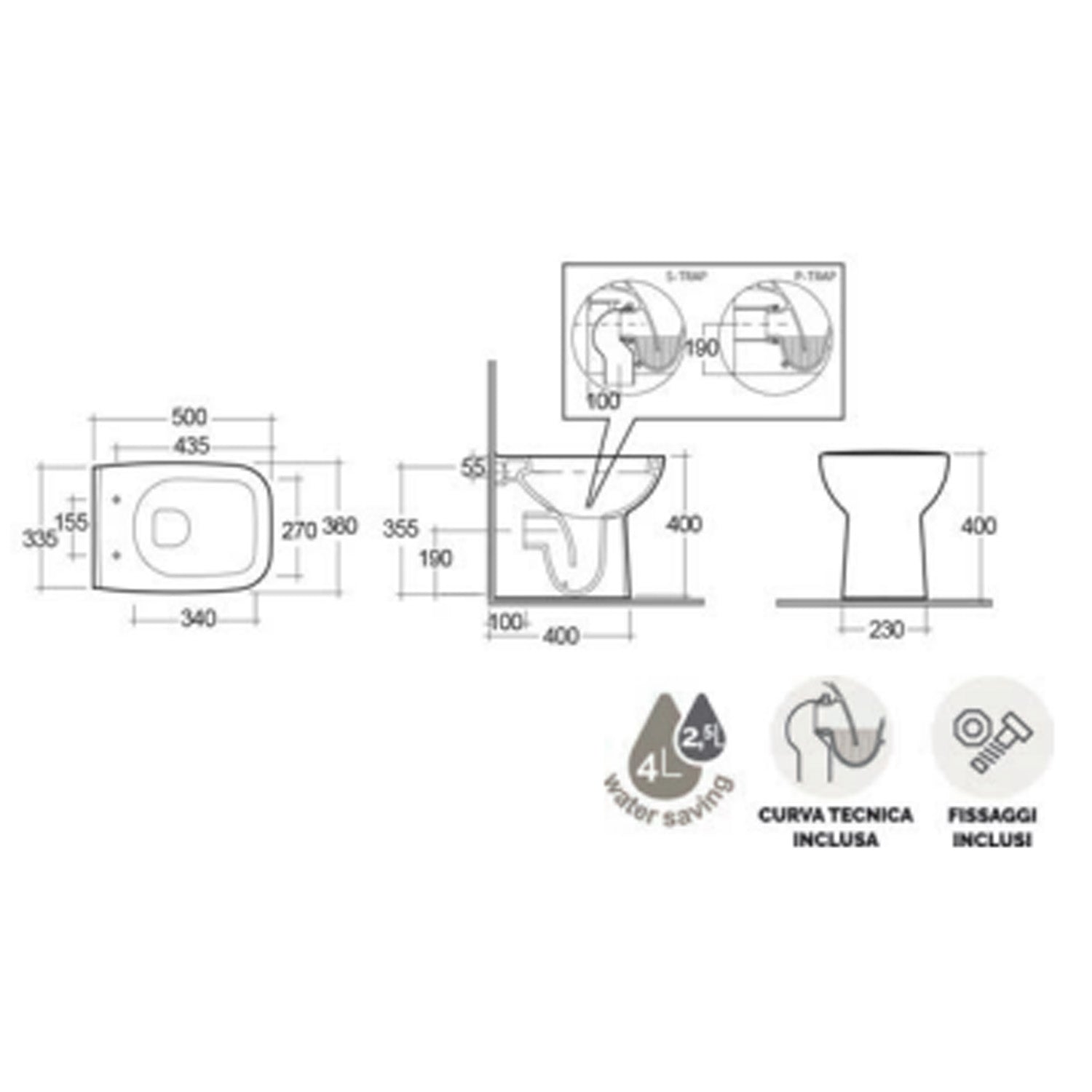  Coppia sanitari filomuro collezione Origin 50x36 cm scarico traslato con copriwater SoftClose