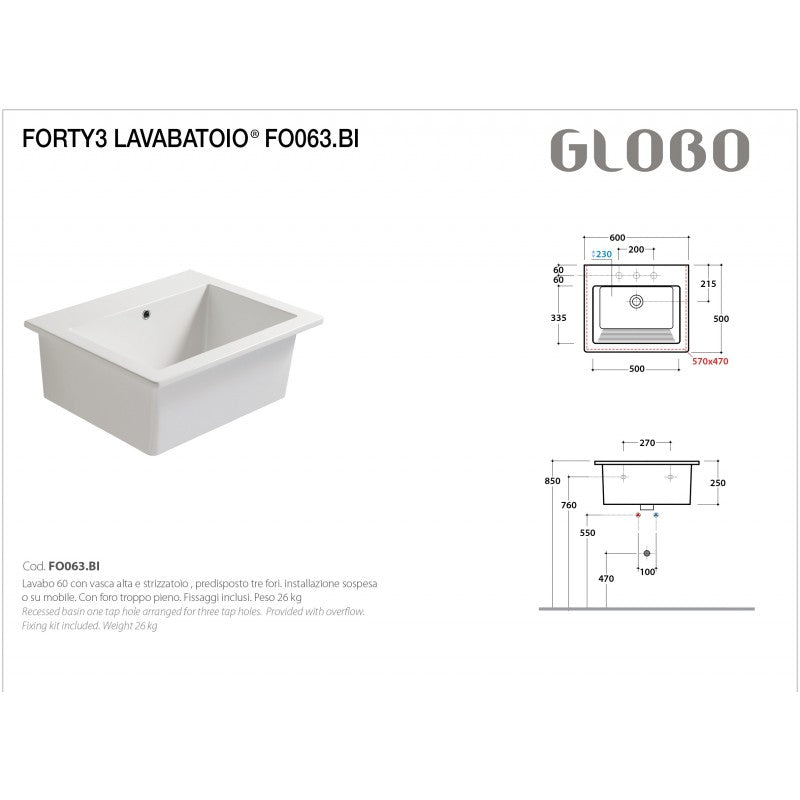  Lavabatoio Sospeso Ceramica Globo Forty3 60x50 FO063.BI by CeramicStore | Lo specialista del tuo bagno