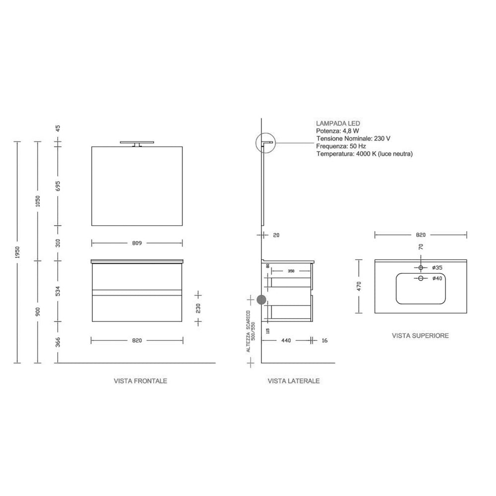 Composizione bagno sospesa Cubi&Co serie Block con doppio cassetto, lavabo e specchio LED - varie finiture 11
