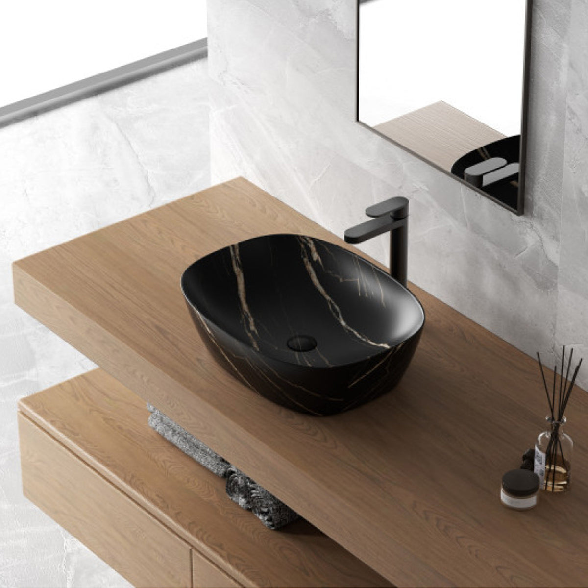 606191 - Lavabo da appoggio Bathcore in ceramica 50 cm - Marmorizzato nero