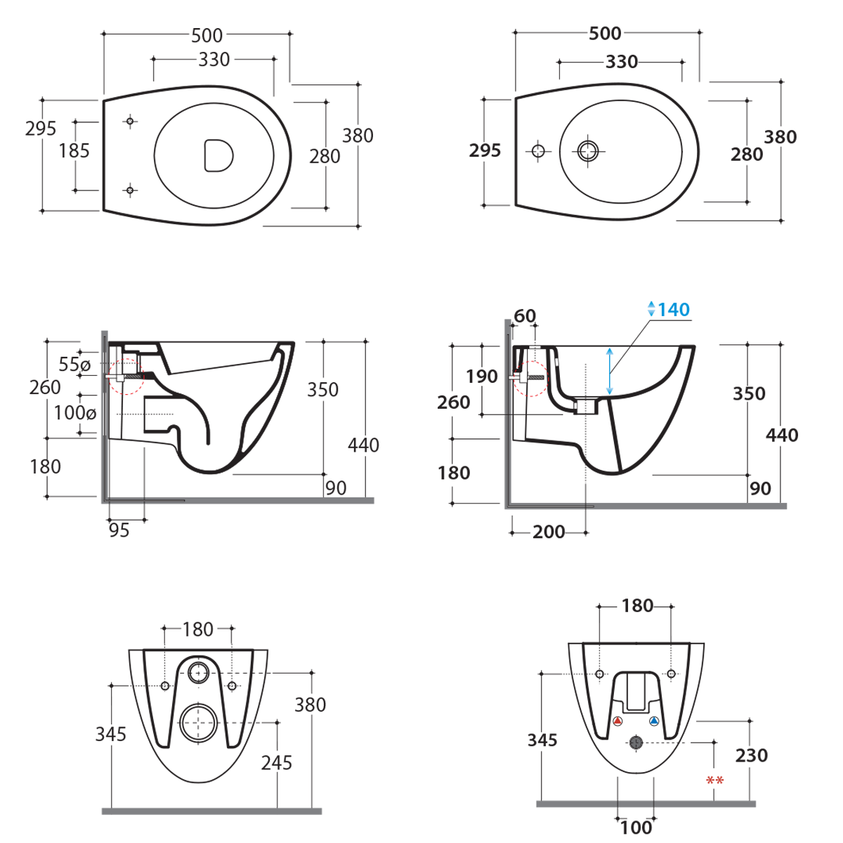  Sanitari Sospesi Ceramica Globo Bowl+ 50 WC + BIDET + SEDILE SOFT CLOSE