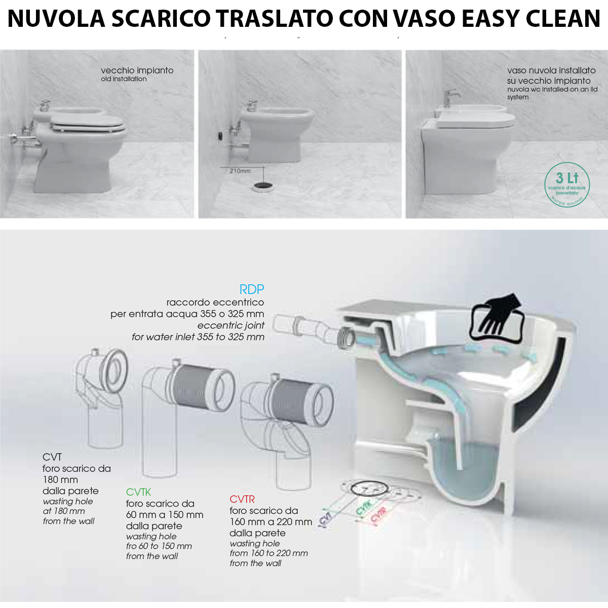  Sanitari Filomuro con scarico traslato Ceramica Azzurra Nuvola con sedile soft-close 55x35xH48 cm