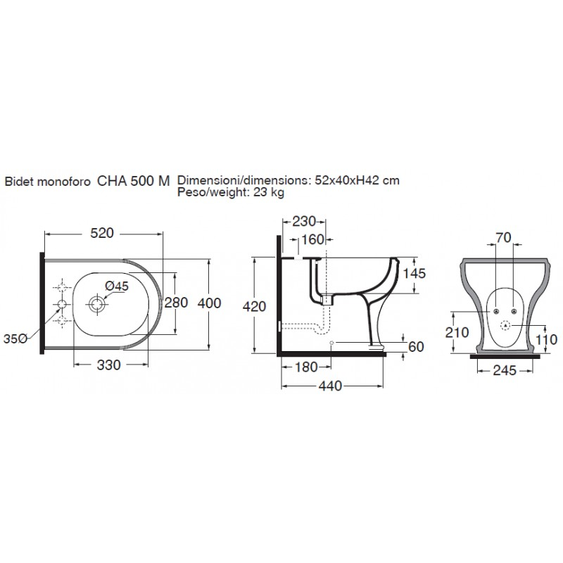 Sanitari filomuro con scarico traslato Azzurra serie Charme con sedile soft close