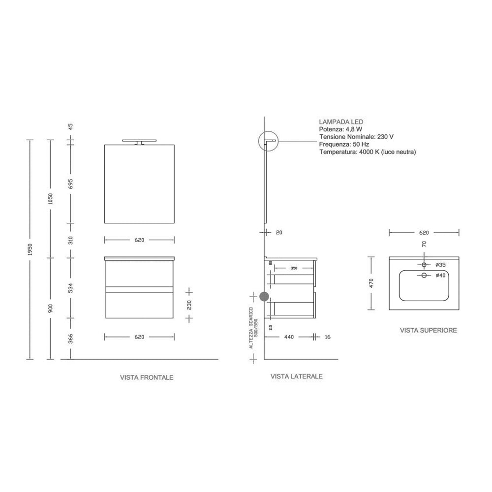 Composizione bagno sospesa Cubi&Co serie Block con doppio cassetto, lavabo e specchio LED - varie finiture 10