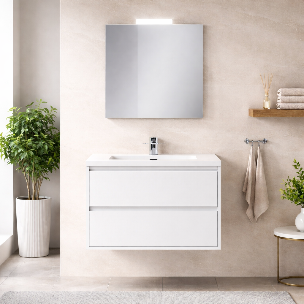 Mobile bagno sospeso Cubi&Co serie Aura con doppio cassetto, lavabo e specchio con LED - varie finiture 6