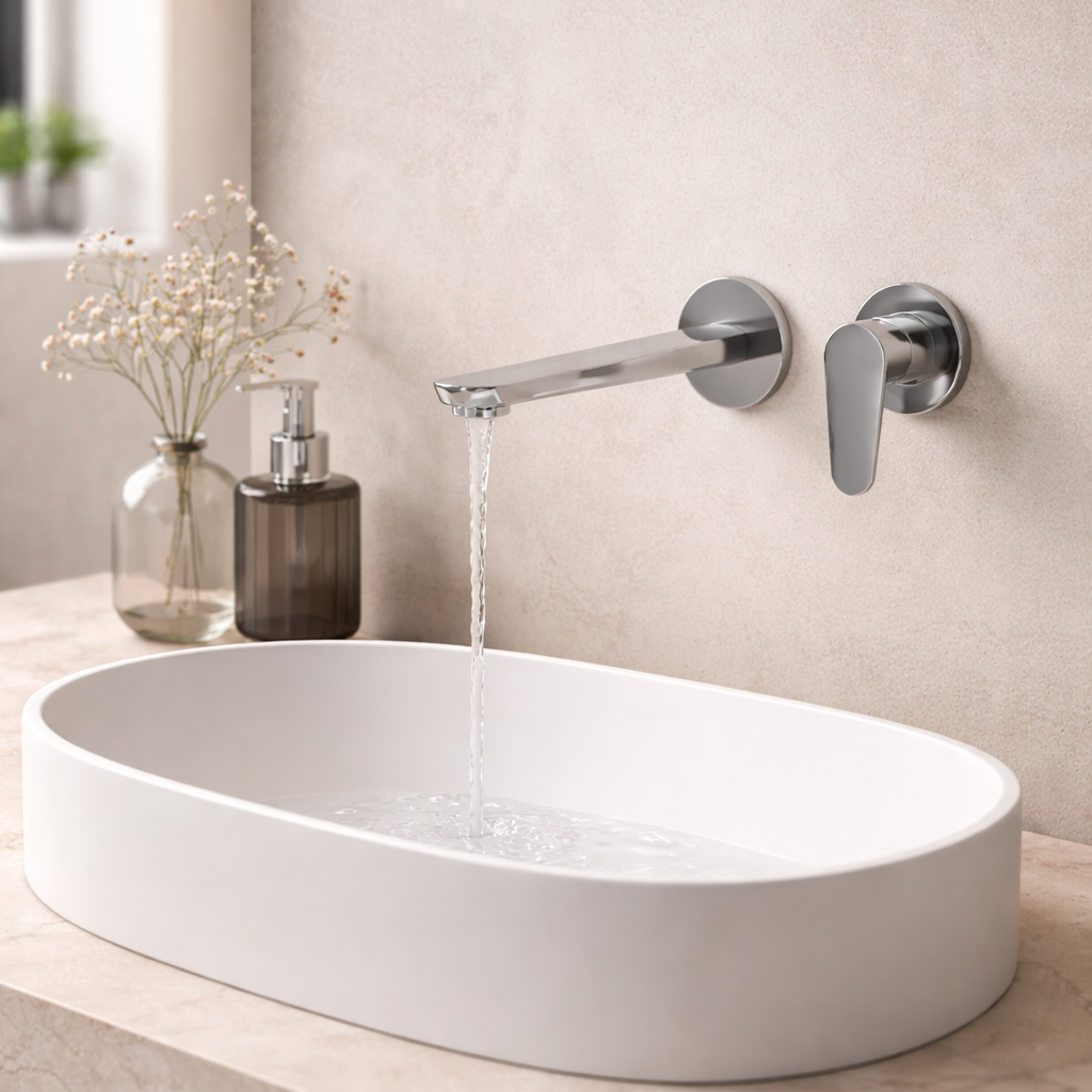 Miscelatore monocomando lavabo a muro RubiFlux serie Ampra - Cromo