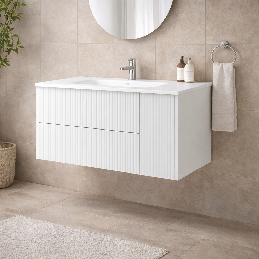 Mobile bagno sospeso cannettato Cubi&Co serie Riva con lavabo in ceramica – varie finiture