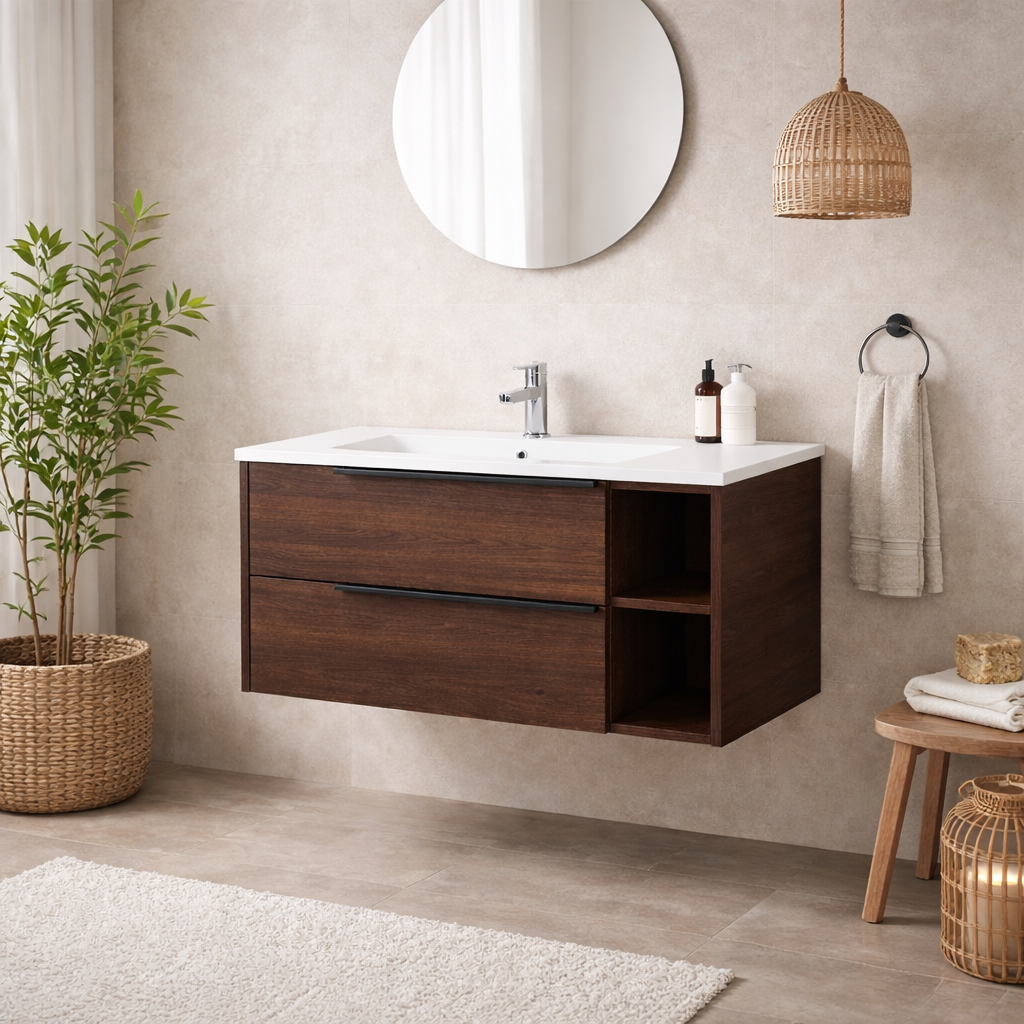 Base sospesa mobile bagno Cubi&Co serie Urban con lavabo in ceramica, cassetti e vani a giorno - varie finiture 5