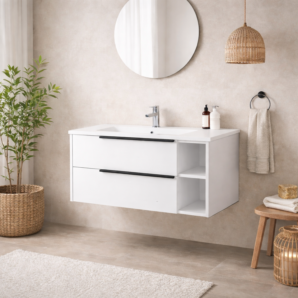 Base sospesa mobile bagno Cubi&Co serie Urban con lavabo in ceramica, cassetti e vani a giorno - varie finiture 4