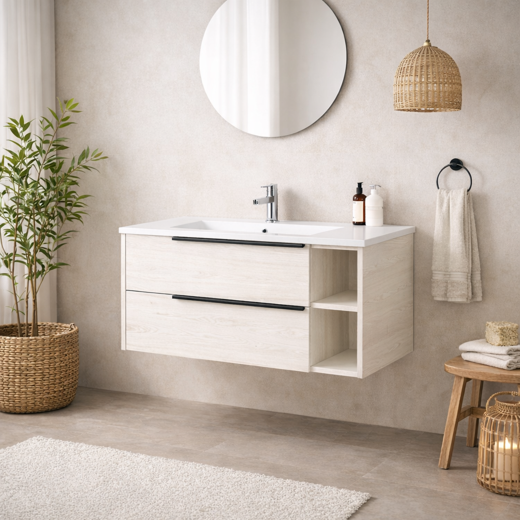 Base sospesa mobile bagno Cubi&Co serie Urban con lavabo in ceramica, cassetti e vani a giorno - varie finiture 3