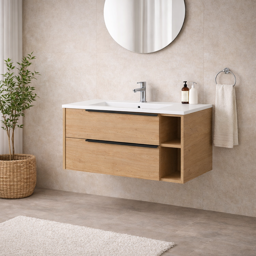 Base sospesa mobile bagno Cubi&Co serie Urban con lavabo in ceramica, cassetti e vani a giorno - varie finiture 8