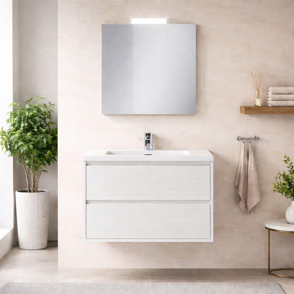 Mobile bagno sospeso Cubi&Co serie Aura con doppio cassetto, lavabo e specchio con LED - varie finiture 9