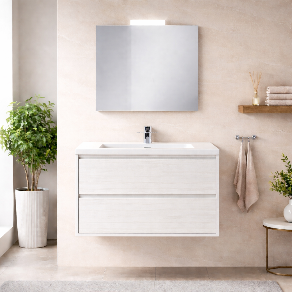 Mobile bagno sospeso Cubi&Co serie Aura con doppio cassetto, lavabo e specchio con LED - varie finiture 11