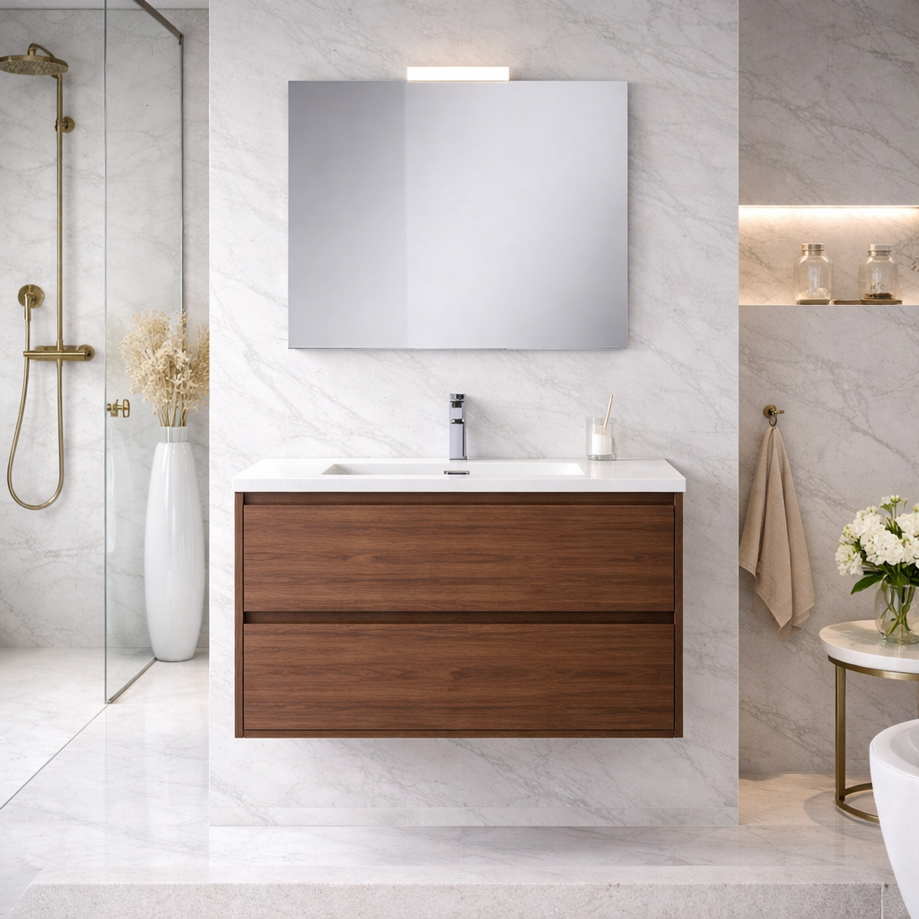 Mobile bagno sospeso Cubi&Co serie Aura con doppio cassetto, lavabo e specchio con LED - varie finiture 10