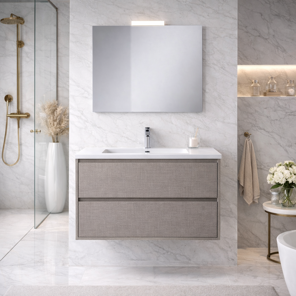 Mobile bagno sospeso Cubi&Co serie Aura con doppio cassetto, lavabo e specchio con LED - varie finiture 12