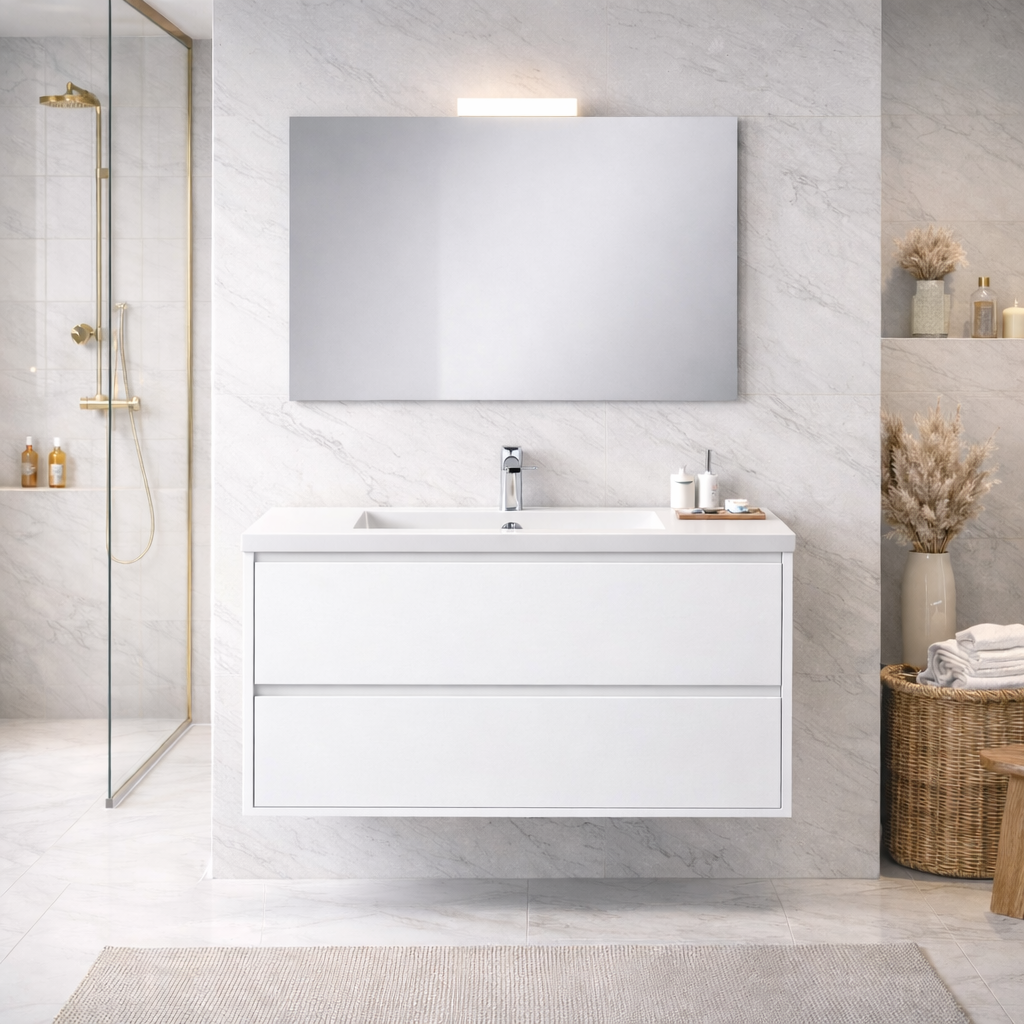 Mobile bagno sospeso Cubi&Co serie Aura con doppio cassetto, lavabo e specchio con LED - varie finiture 14