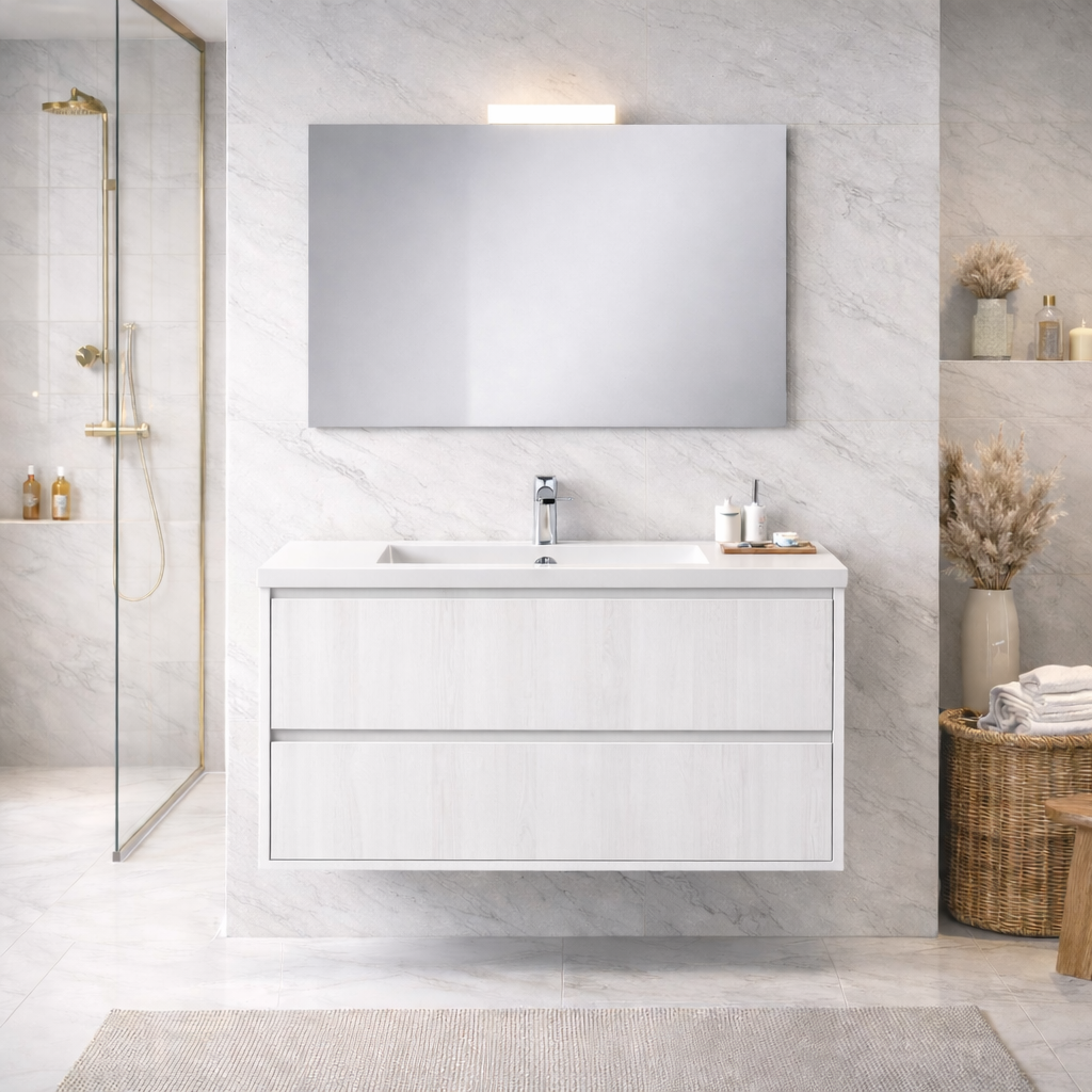 Mobile bagno sospeso Cubi&Co serie Aura con doppio cassetto, lavabo e specchio con LED - varie finiture 15