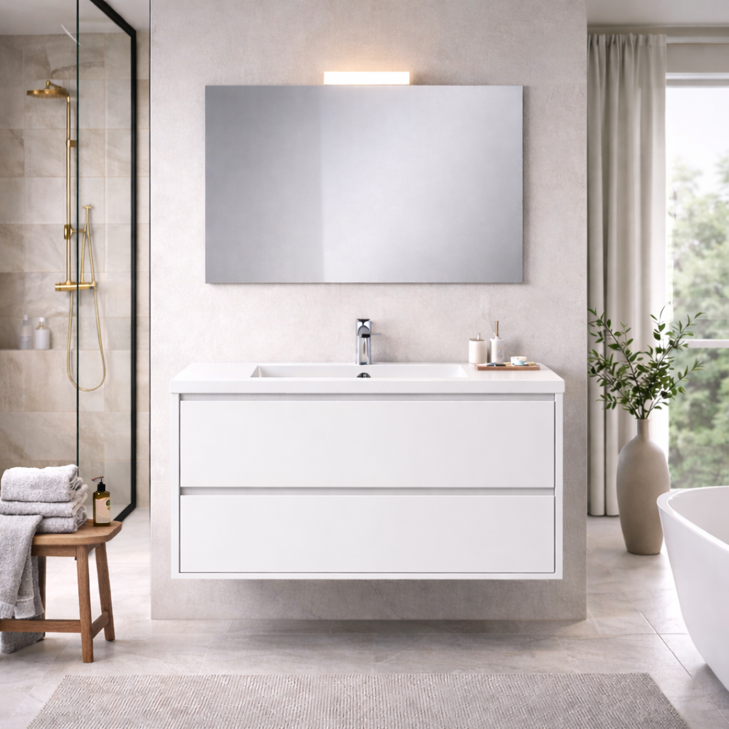 Mobile bagno sospeso Cubi&Co serie Aura con doppio cassetto, lavabo e specchio con LED - varie finiture